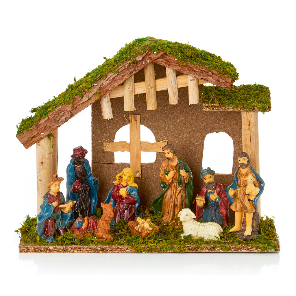 30 x 24cm 10 piece Wooden Nativity with Polyresin Figurines
