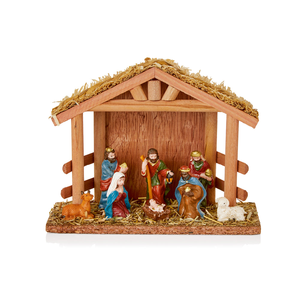 20cm 8 piece Nativity Scene with Wood House