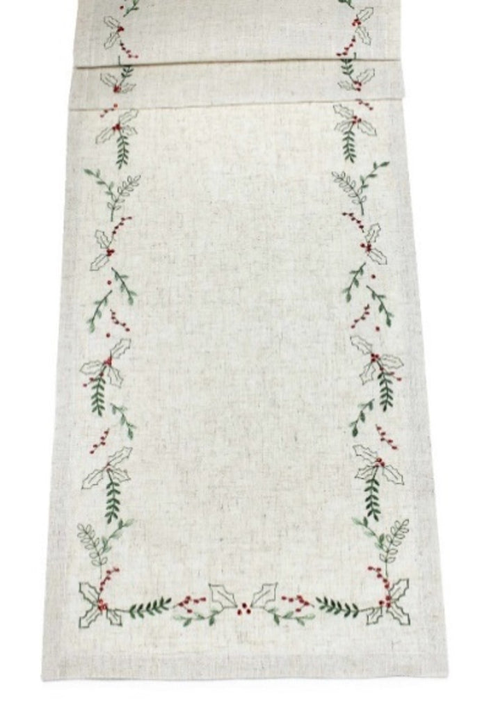 Berry Foliage - 80% Polyester Beige 20% Linen 14" x 75" Runner